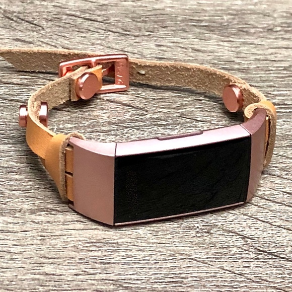 Slim Tan Leather Strap Rose Gold Charge 4 Bracelet - Picture 7 of 7